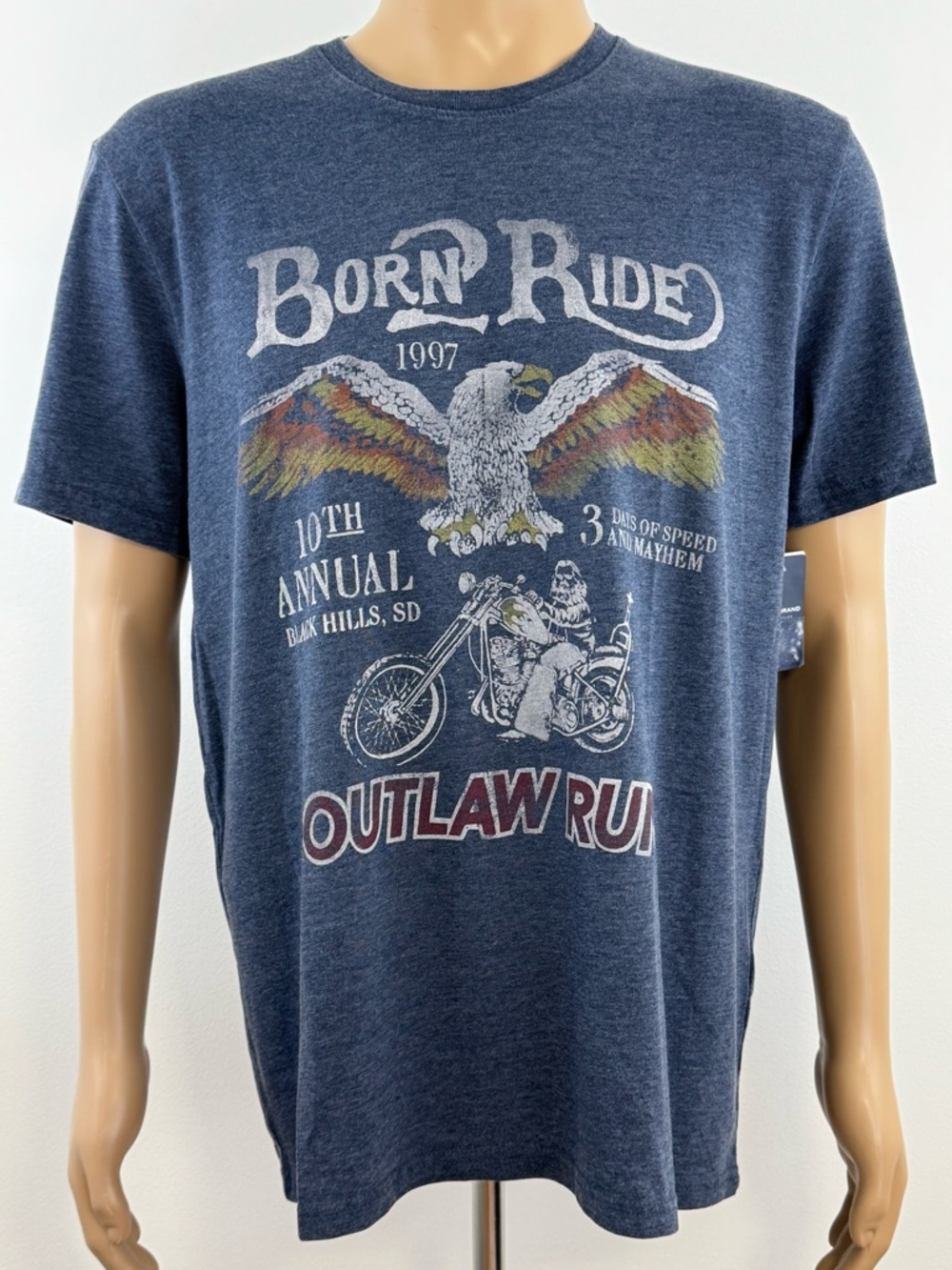 Lucky Brand Men's Born 2 Ride, OutLaw Run Motorcycle T-Shirt, Blue Size Large